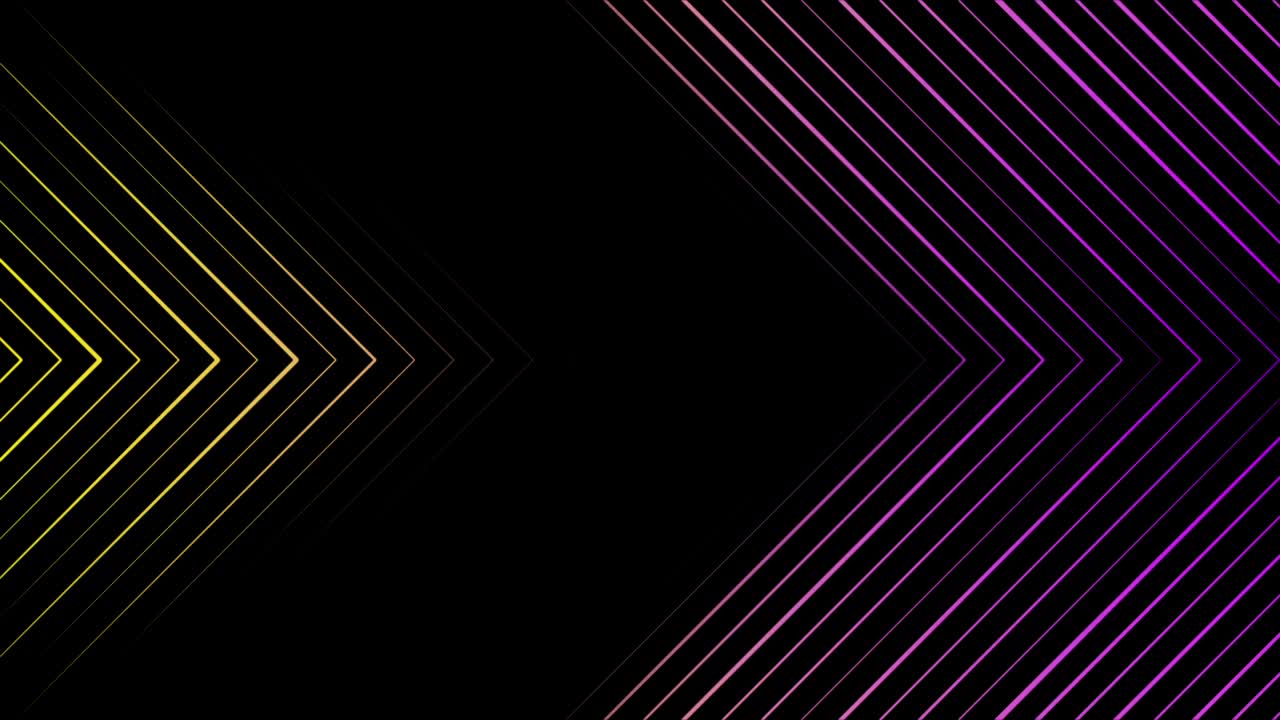 animación abstracta de punteros multicolores que consisten en triángulos de neón que se mueven hacia la derecha en el fondo negro. animación. formas y líneas geométricas multicolores de neón