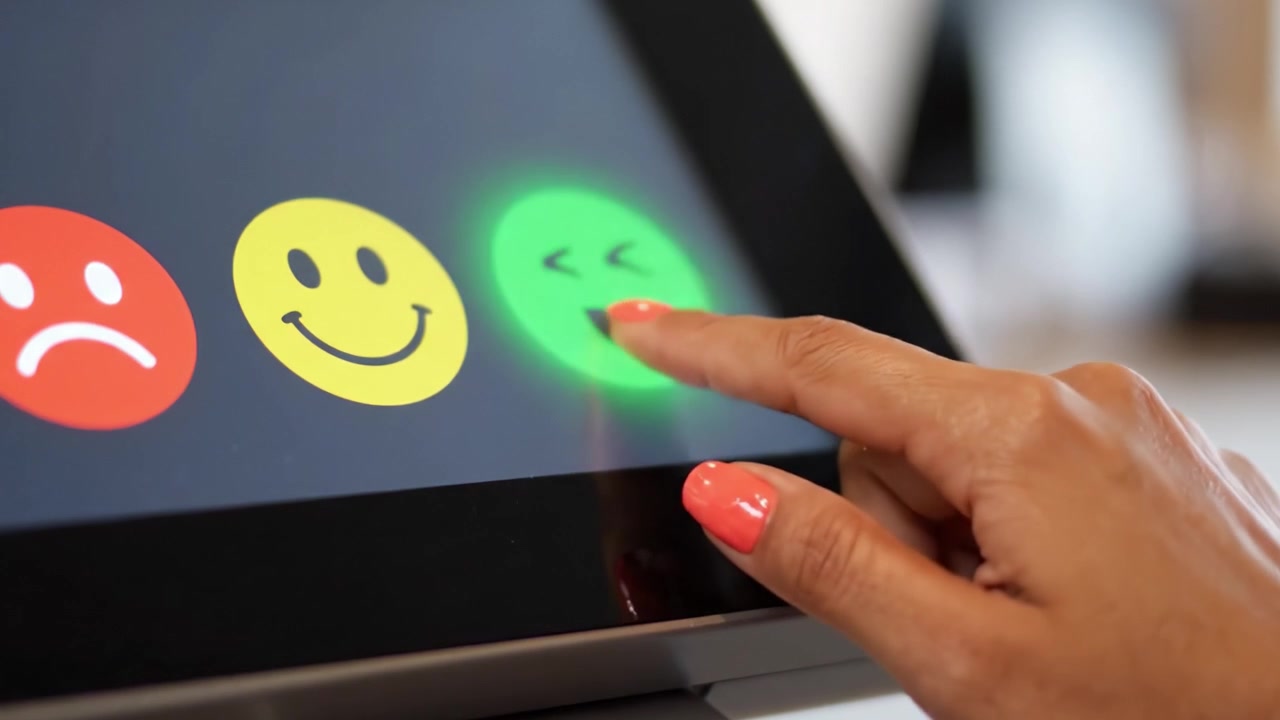 A Close-up View of a Feedback Interface Displaying Emoji Faces: Red for Displeasure, Yellow for Neutrality, and Green for Satisfaction on a Digital Screen