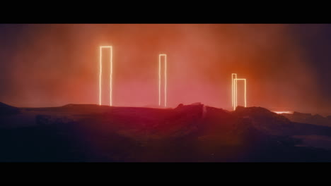 rocky landscape with huge pink light portal structures