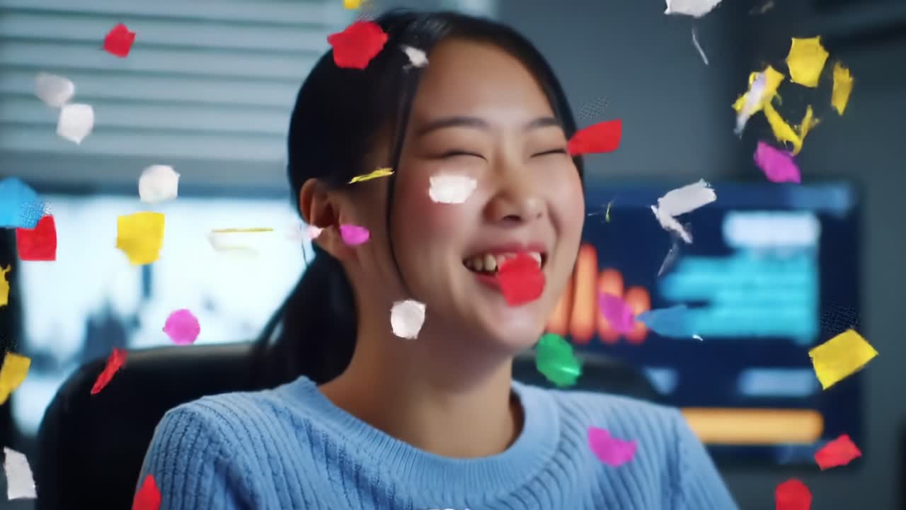 Joyful Encounter with Colorful Confetti: A Moment of Laughter and Delight Captured in Two Frames, Highlighting the Pure Joy in Everyday Life and Celebratory Expressions