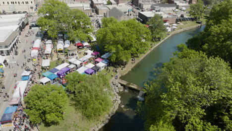 dogwood festival with booths and stalls in siloam springs, arkansas, usa - aerial shot