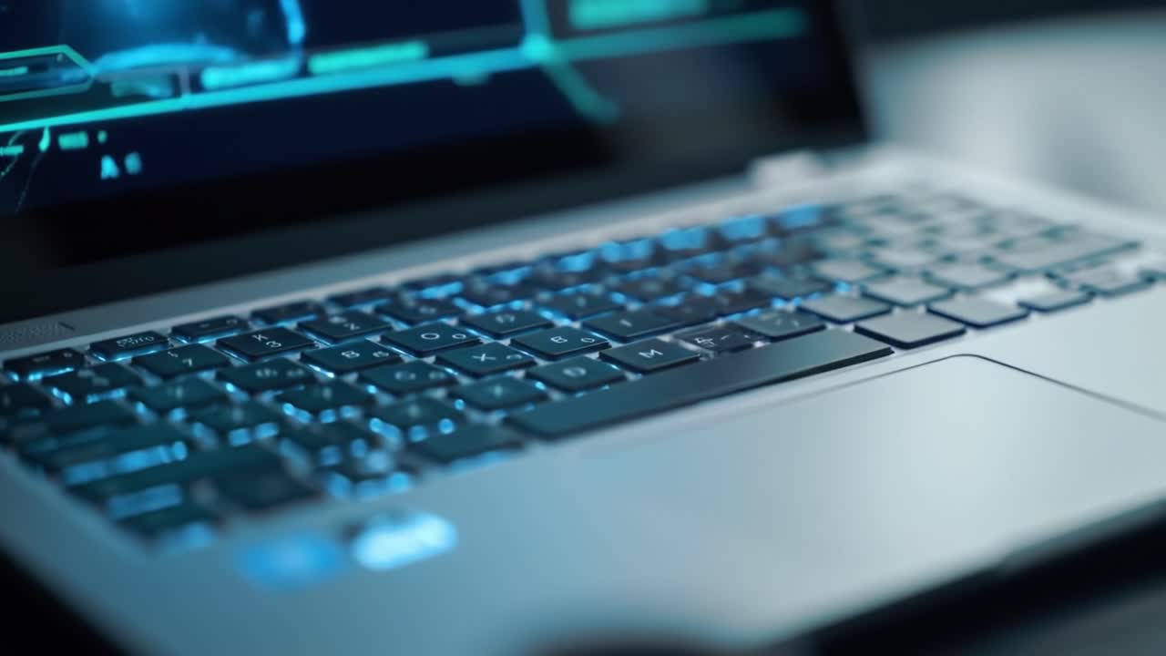 Exploring the Futuristic Design of a Laptop with Illuminated Keyboard and Digital Screen Display, Showcasing Advanced Technology and Modern Aesthetics