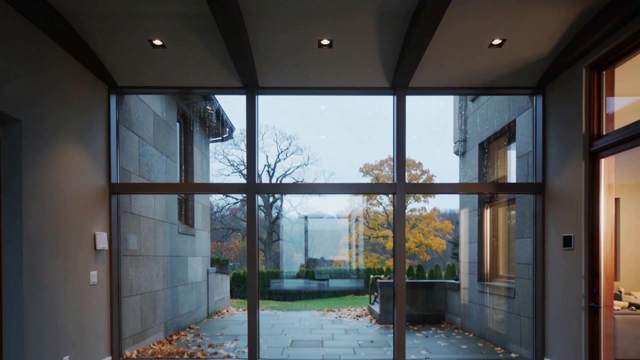 Camera pulling back revealing multi-pane glass wall to reveal courtyard with wet panes and leaves