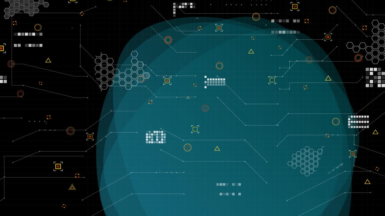 Animation of data processing over blue shapes on black background
