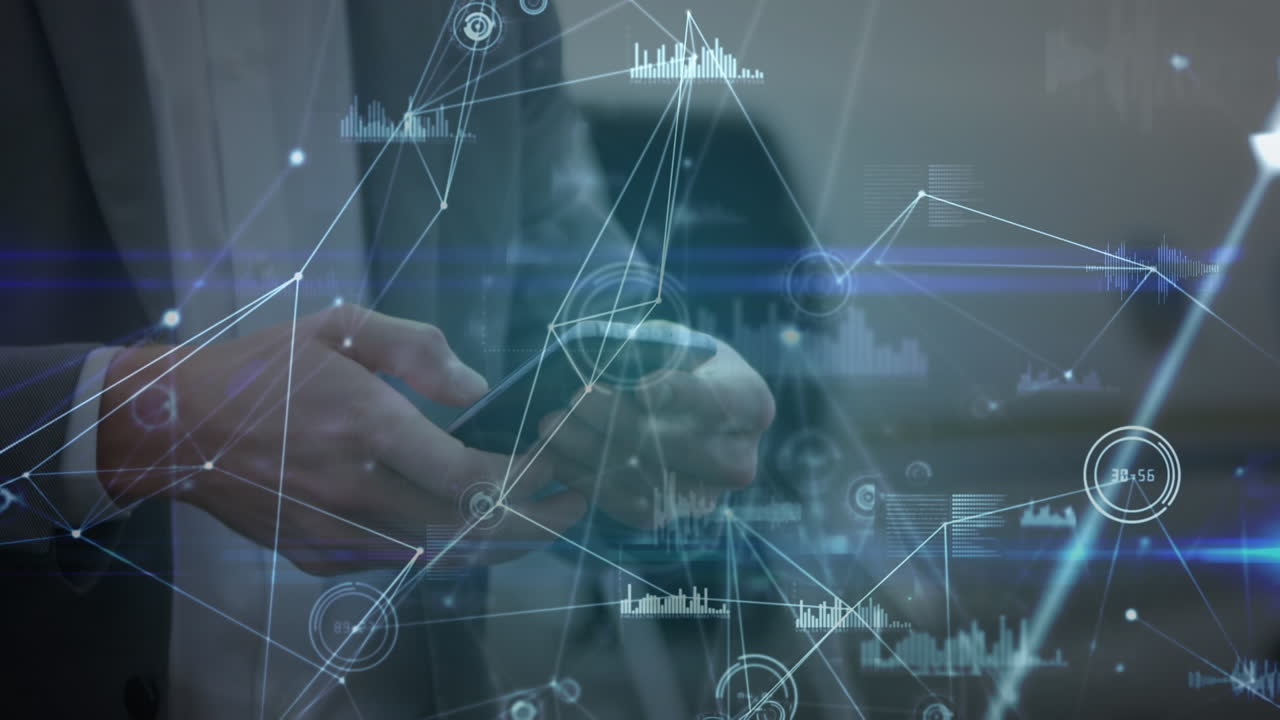 스마트폰을 사용하는 카우카스계 사업가에 대한 데이터 처리 애니메이션