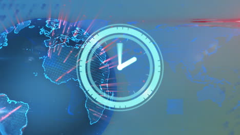 animación de reloj de neón y rastros de luz sobre el globo giratorio y el mapa del mundo.
