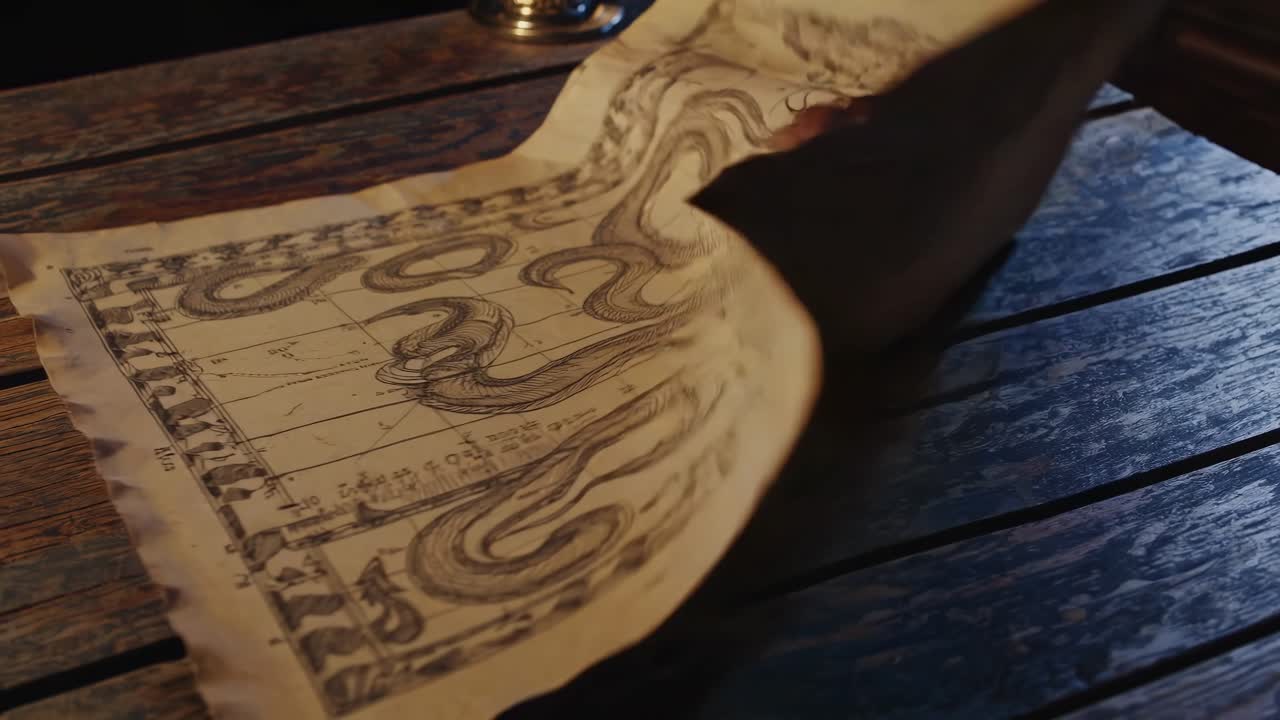 Close-up video of a vintage map with serpentine designs on a wooden table, captured from a low