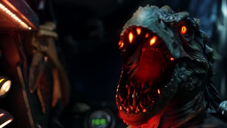 a reptilian creature using advanced technology in a dimly lit control room