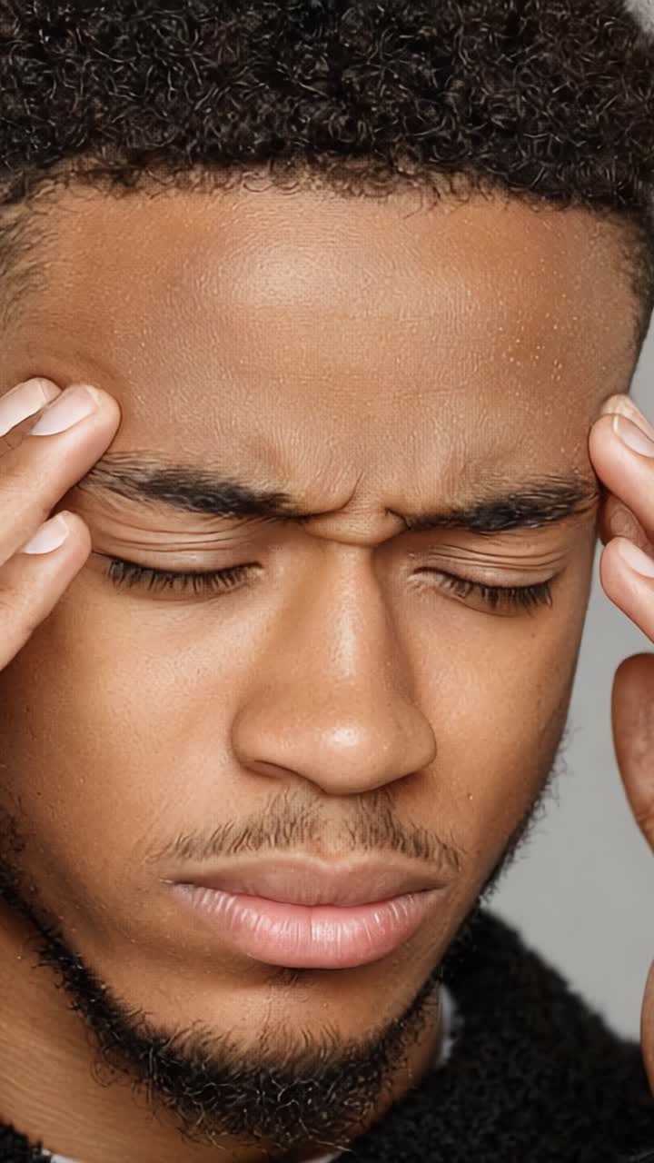 Primo piano carico di emozioni di un giovane uomo che esprime stress e disagio con le mani sulla testa, catturando un momento di turbamento interiore e sofferenza fisica