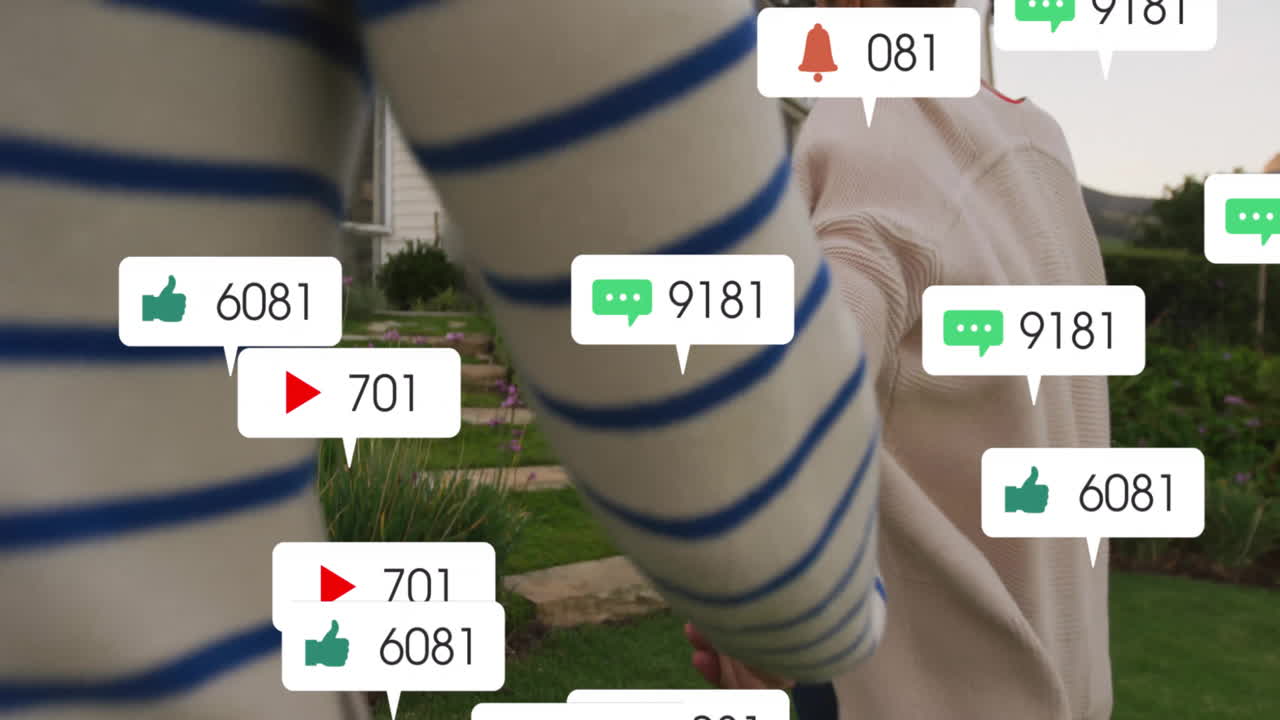 Couple walking through suburban front yard, showing floating social media bubbles for marketing