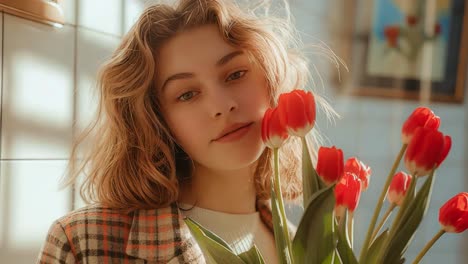 Smiling Young Woman with a Bouquet of Red Tulips