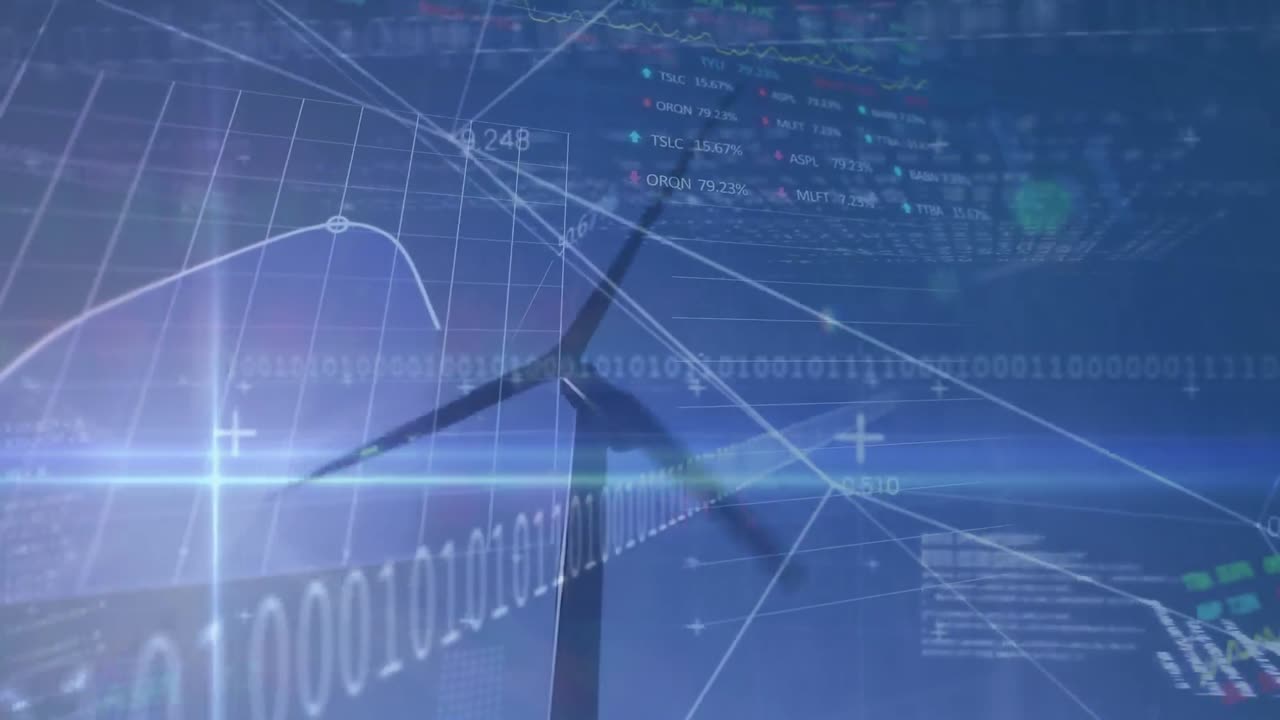 animazione della codifica binaria e elaborazione dei dati su turbina eolica