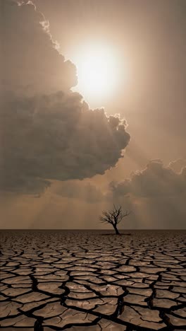 aerial view of a barren desert landscape with a lone tree under a dramatic sky