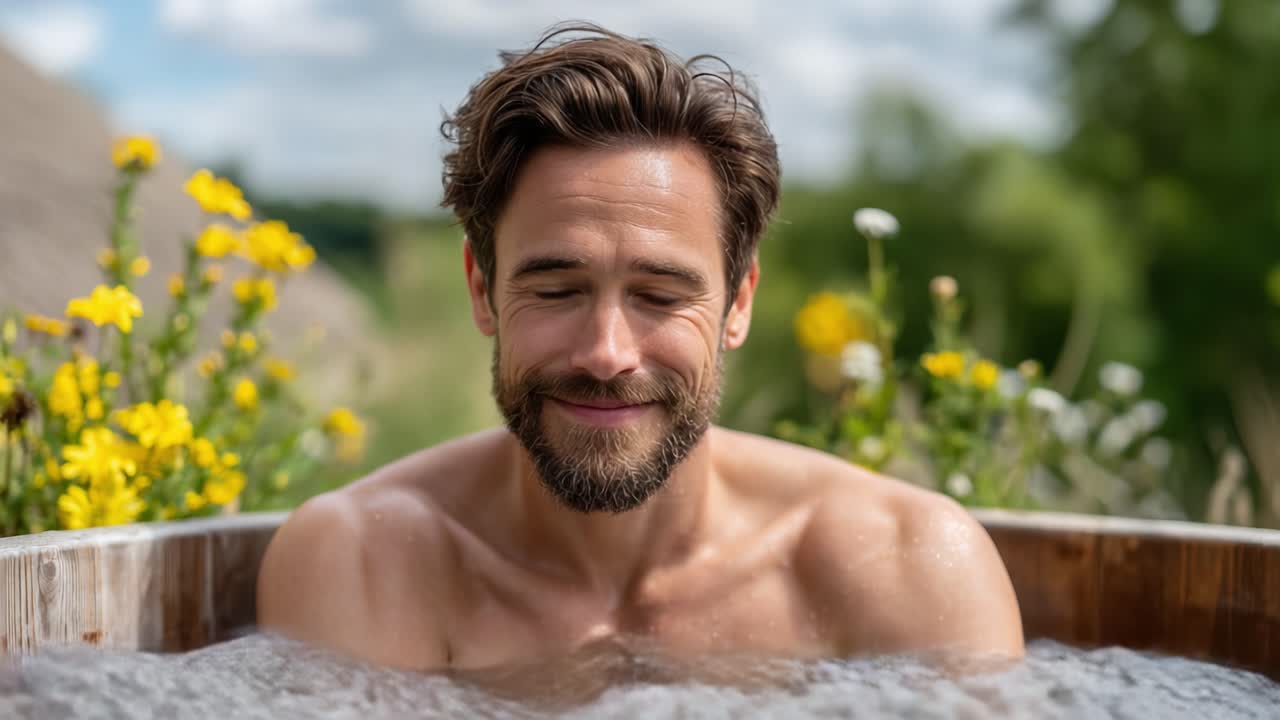 En afslappende dag i naturen: Nyder en fredelig spaoplevelse omgivet af blomster og frisk luft i naturlige omgivelser med et vildmarksbad