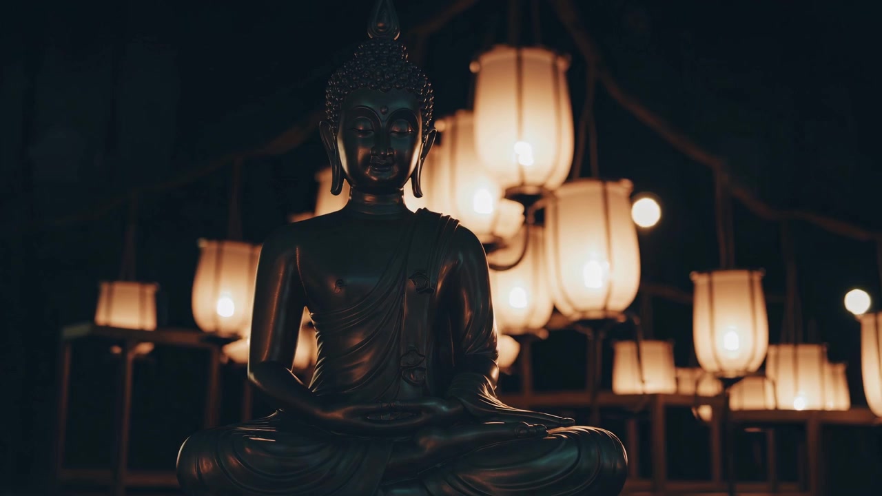 Golden Buddha Statue Surrounded by Glowing Lanterns at Night