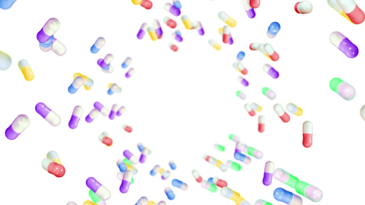Molte capsule mediche che volano su sfondo bianco. Concetto medico e farmaceutico. Animazione 3D di capsule colorate che ruotano. Animazione in loop