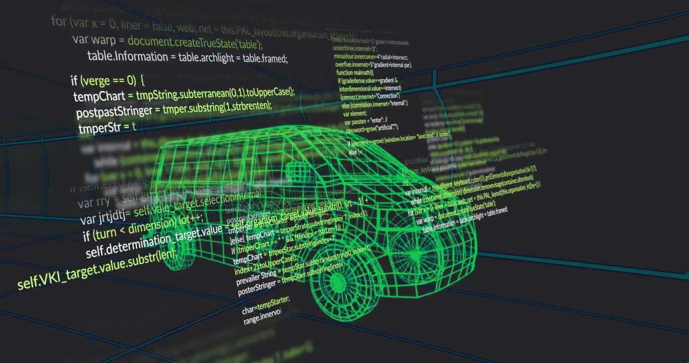 Code fading in starting wireframe van with scrolling script wrapping model showing integration