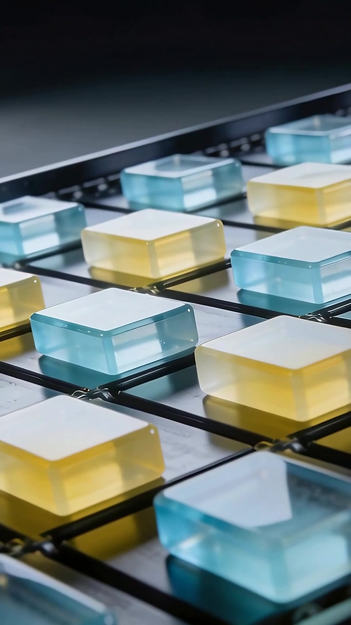 Vertical video: Starting belt moving clear blue and yellow blocks on rails to exit, showing bubbles