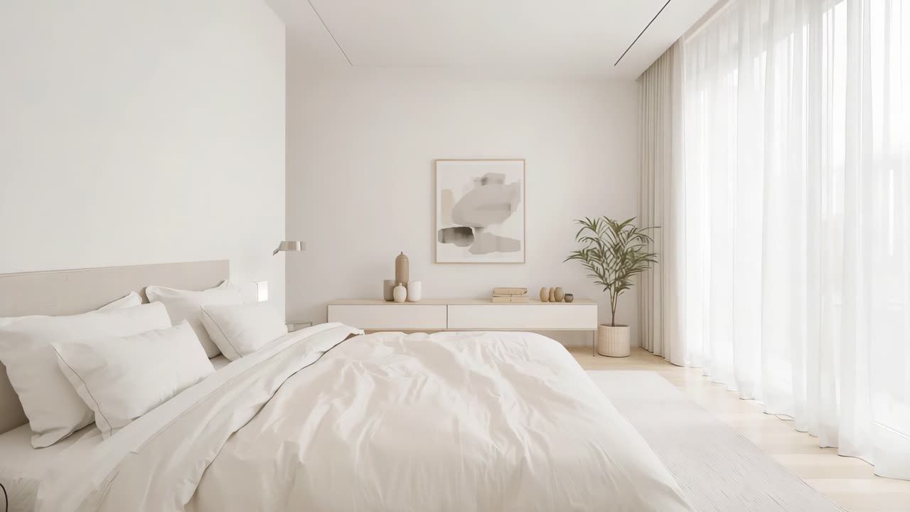 A serene minimalist bedroom with clean white tones