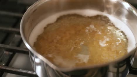 close up of pasta cooking in pot of boiling water in slow motion