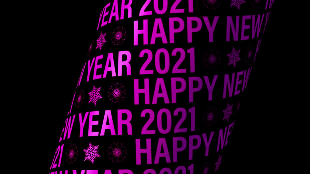 4K Pink Purple HAPPY NEW YEAR 2021 in the form of 3D cylinder spinning in endless loop. Happy New Year 2021 Kinetic Loop Animation Winter Advertising Animated Banner Kinetic Style Holiday Background.