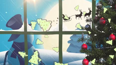 Animation-Der-Silhouette-Des-Weihnachtsmanns-Im-Schlitten,-Der-Von-Rentieren-Mit-Schneemann-Gezogen-Wird