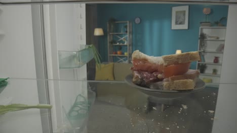 sandwich on plate inside refrigerator