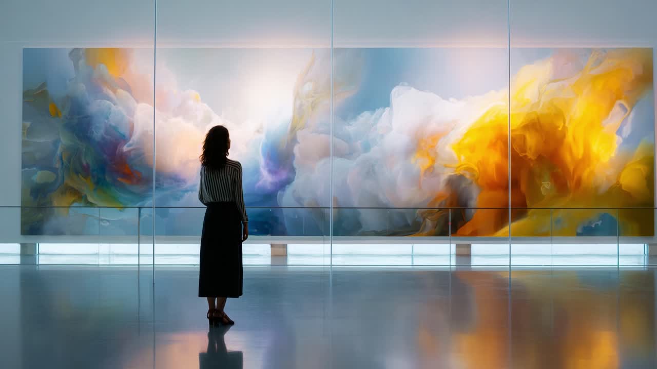 A Captivating Encounter: An Individual Stands in Awe Before a Breathtaking Abstract Art Piece Displayed on an Expansive Wall, Highlighting Colorful Swirls and Melodic Patterns