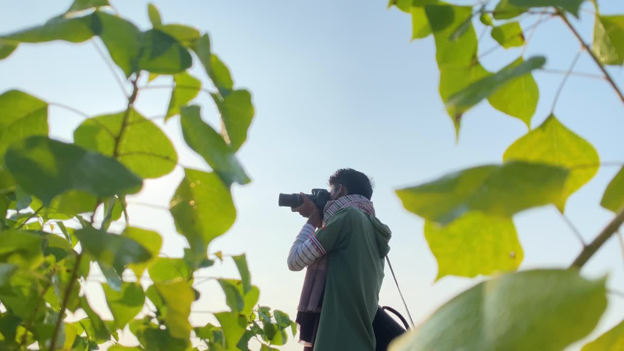 joven fotógrafo tomando fotos del paisaje natural a través de exuberantes hojas verdes
