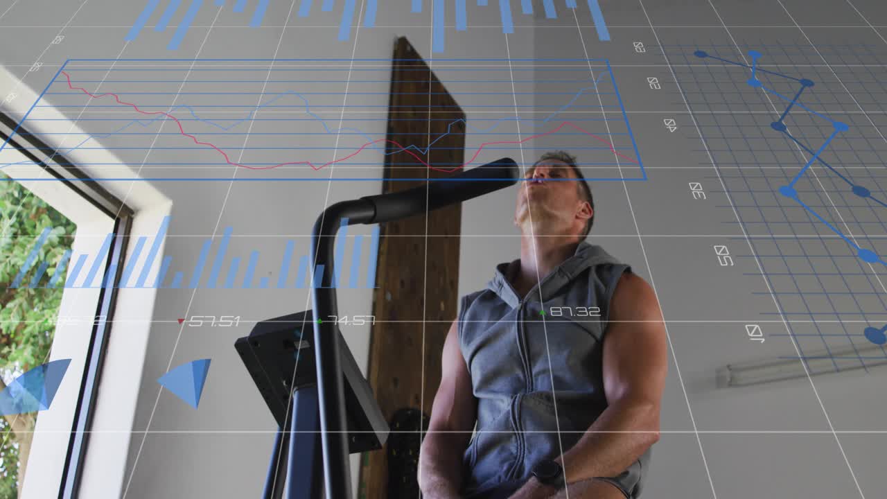 Mid-adult man reaching console and pedaling on stepper, HUD graphs tracking fitness while slowing