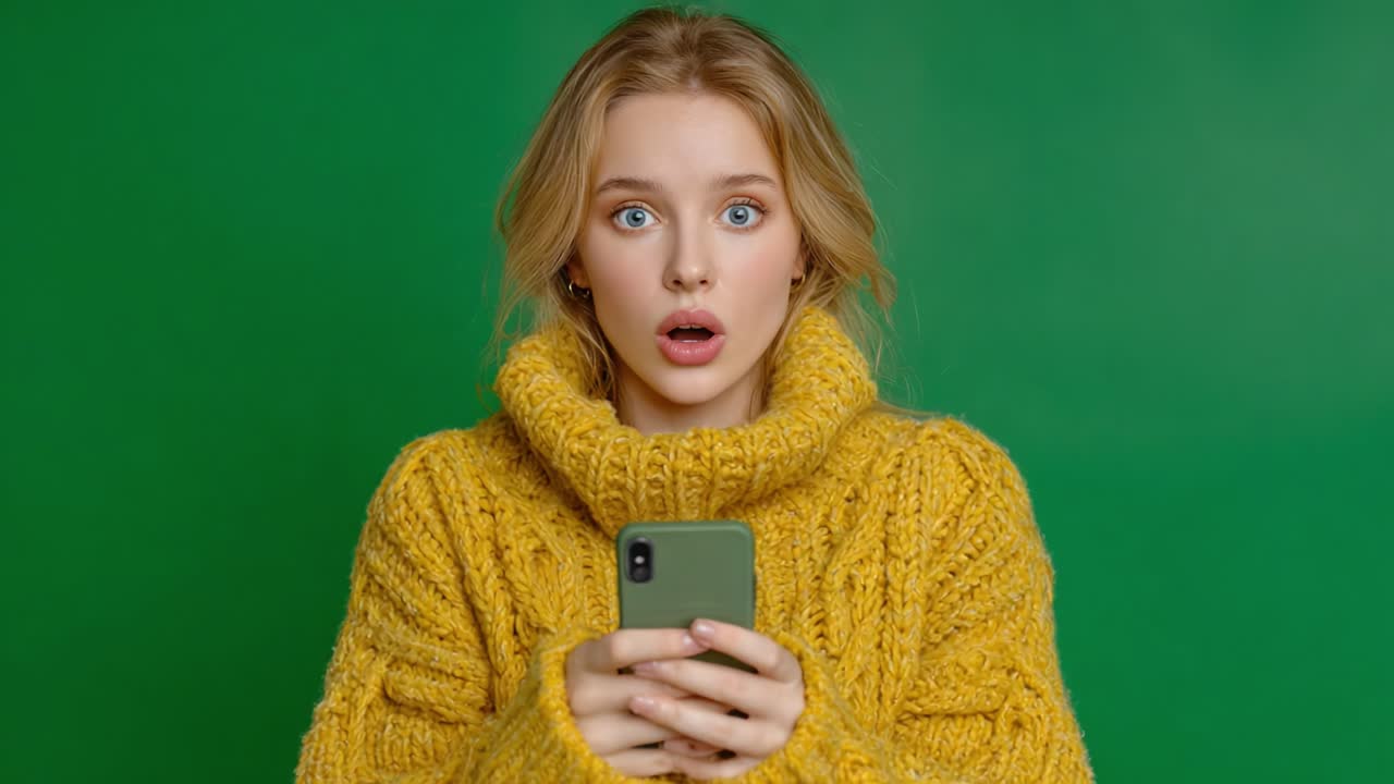Expression of Surprise and Intrigue: Captivating Moments of a Young Woman’s Reaction While Interacting with Her Phone Against a Vivid Green Background