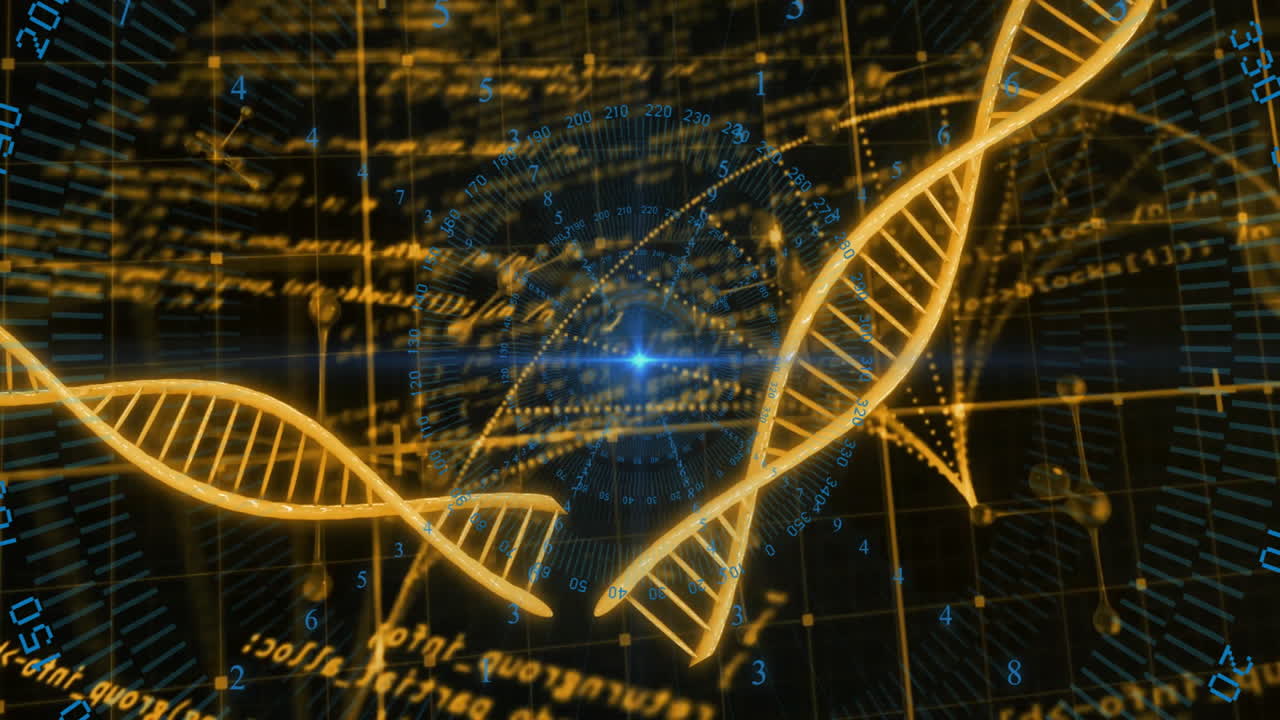 DNA strand and numerical data processing animation over scientific grid background