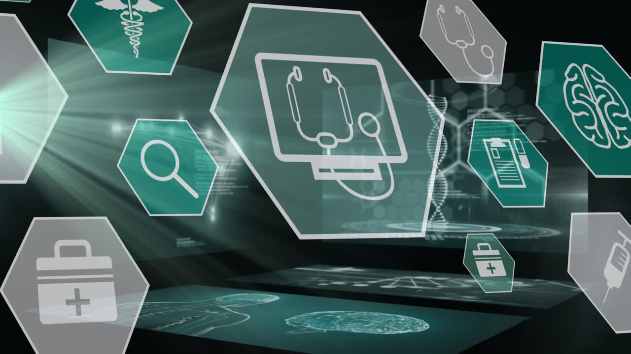 Animation of digital interface with medical icons on black background