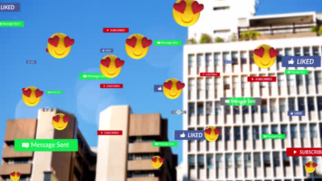 Animation-Fallender-Social-Media-Symbole-Und-Emojis-über-Der-Stadtlandschaft