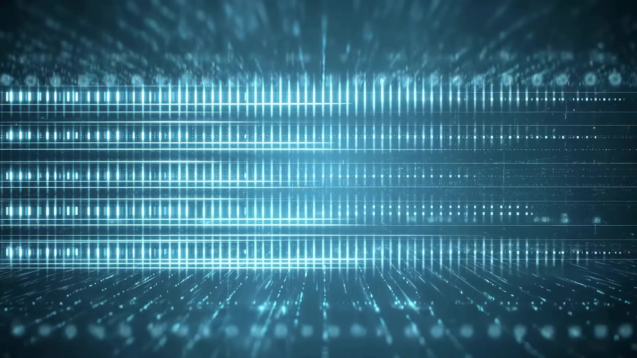 Cyan Data Bars Moving In Perspective, Horizontal Binary Rows And Pulsing Points Form Immersive Dashboard Look,