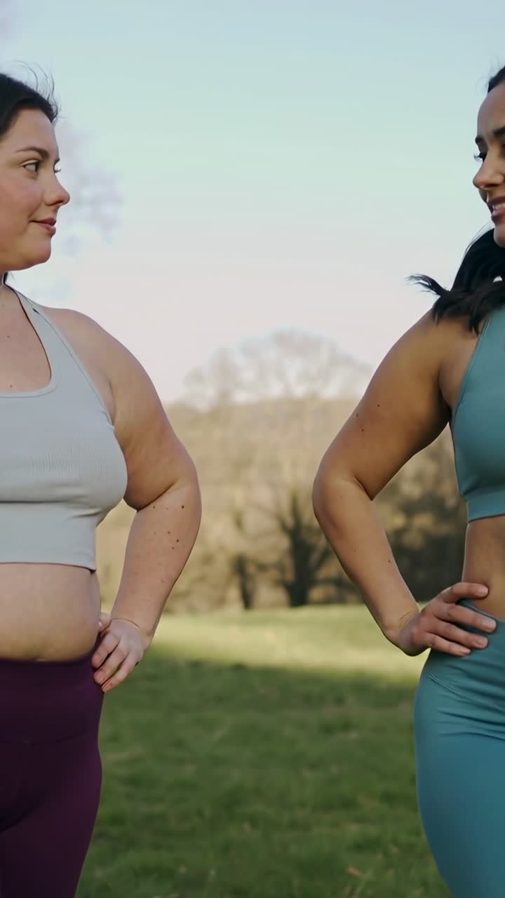 Due donne in abbigliamento sportivo in piedi all'aperto e sorridenti