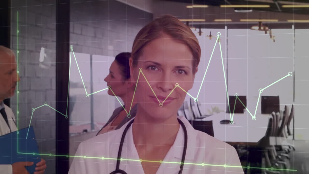 animación del diagrama sobre una doctora caucásica que lleva un estetoscopio