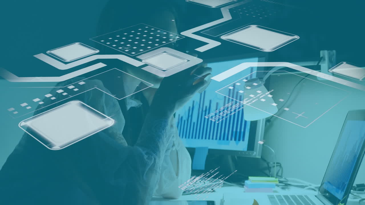 Animation of online security padlock and data processing over businesswoman using laptop