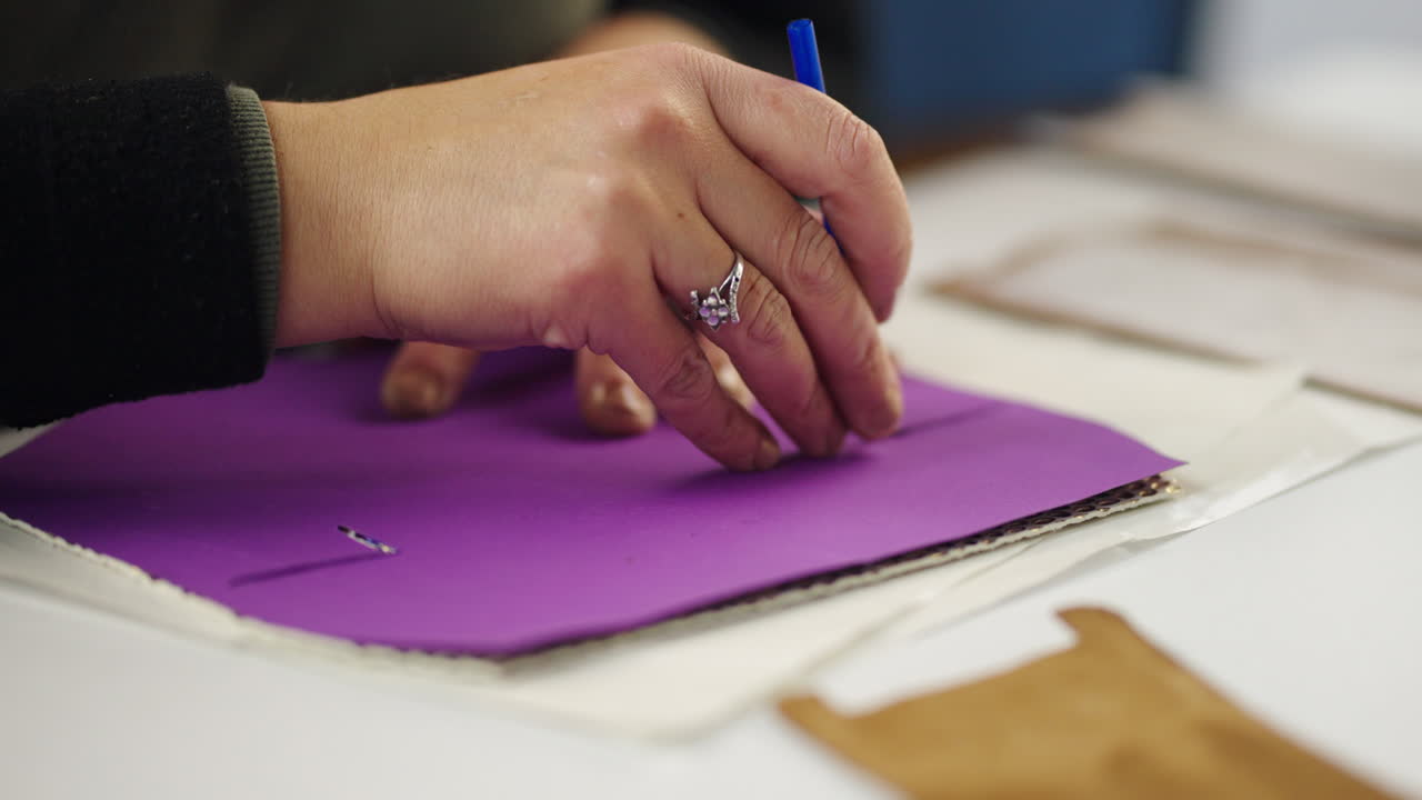 Person writing on purple paper