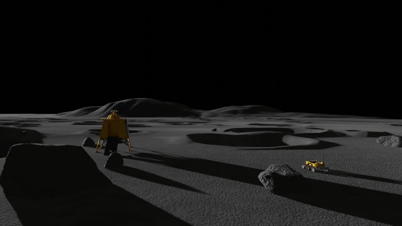 animación en 3d de chandrayaan 3 y su rover en la luna