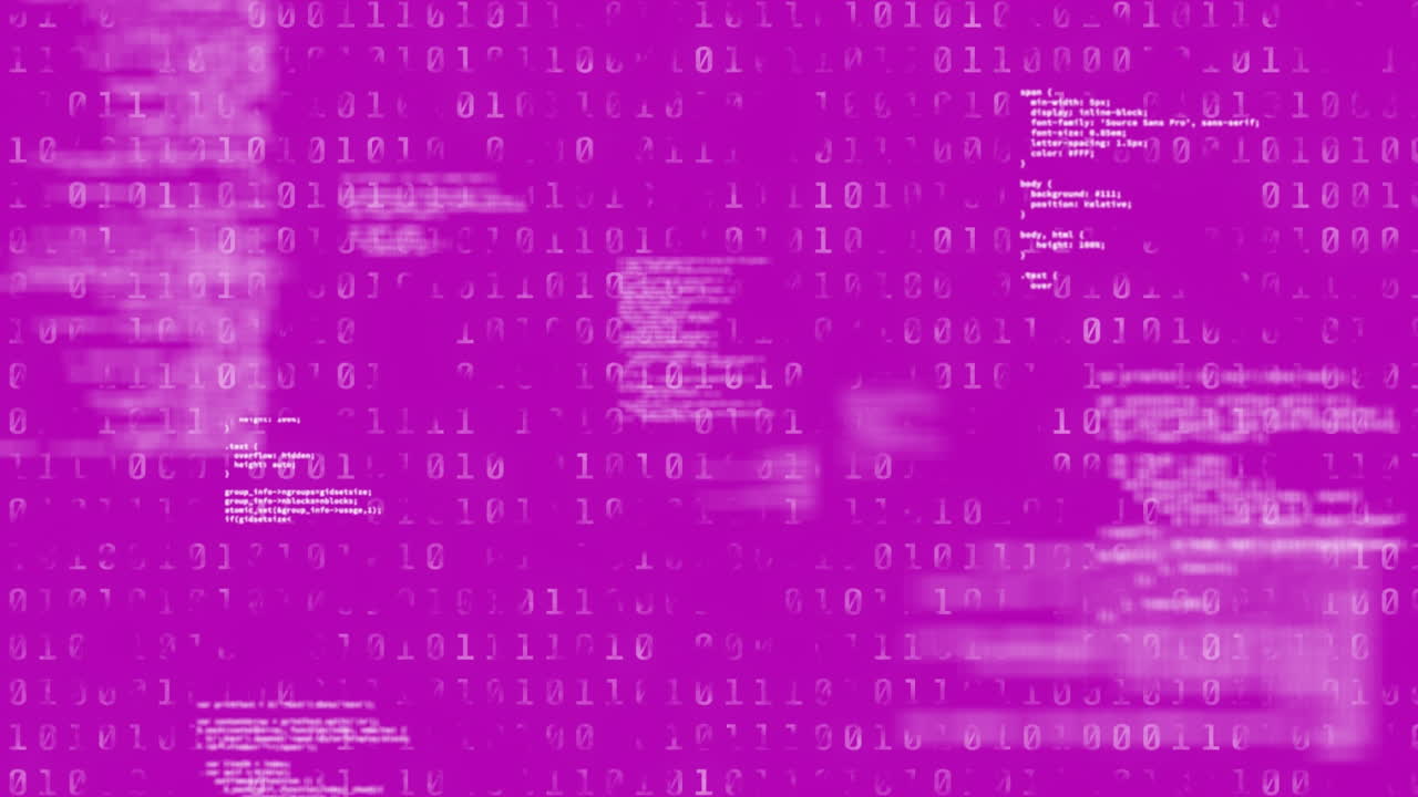 Animation of data processing and binary coding over purple background