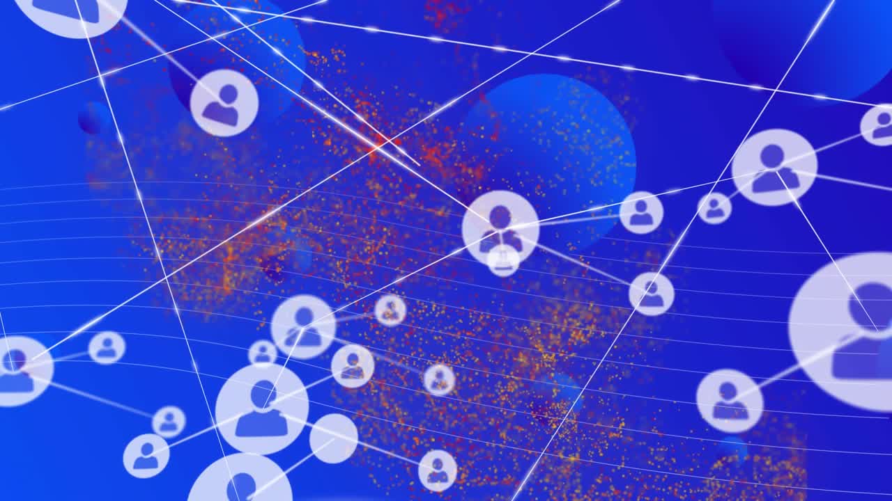 Animazione di una rete di icone di profilo su un'onda digitale e punti luce su sfondo blu.