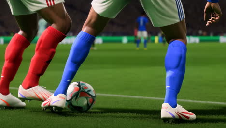 soccer players competing for the ball on a green field