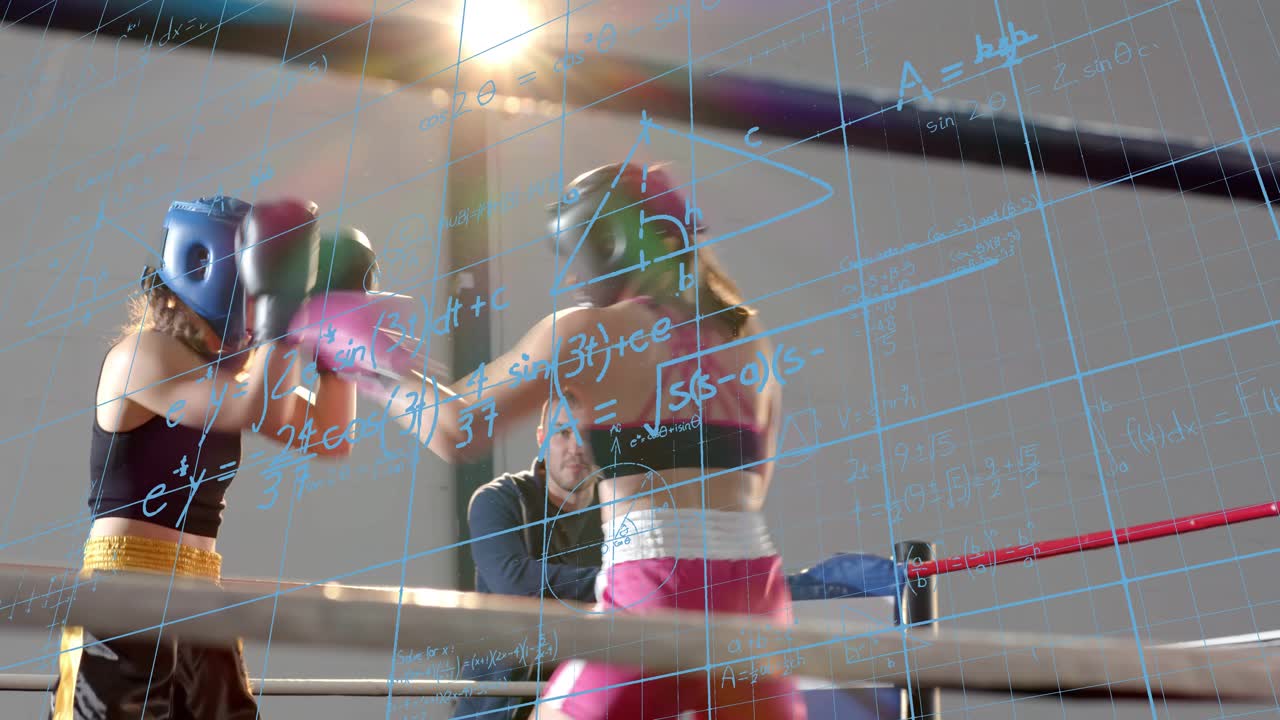 Coach signaling two boxers sparring in boxing ring for training, blue grid overlaying fighters