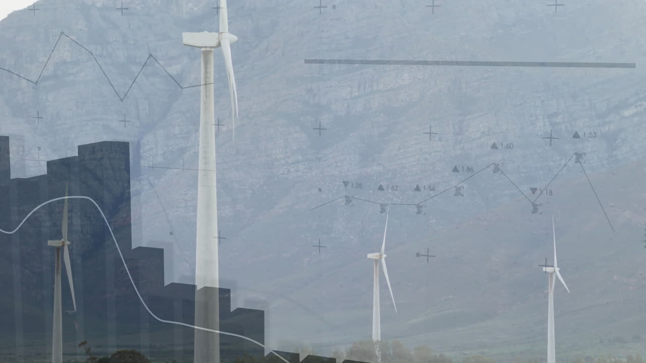 Wind turbines generating data overlays over mountain plain, featuring line charts and crosshairs