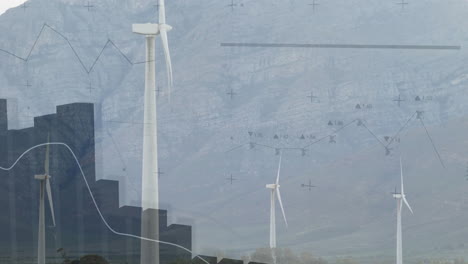 wind turbines generating data overlays over mountain plain, featuring line charts and crosshairs
