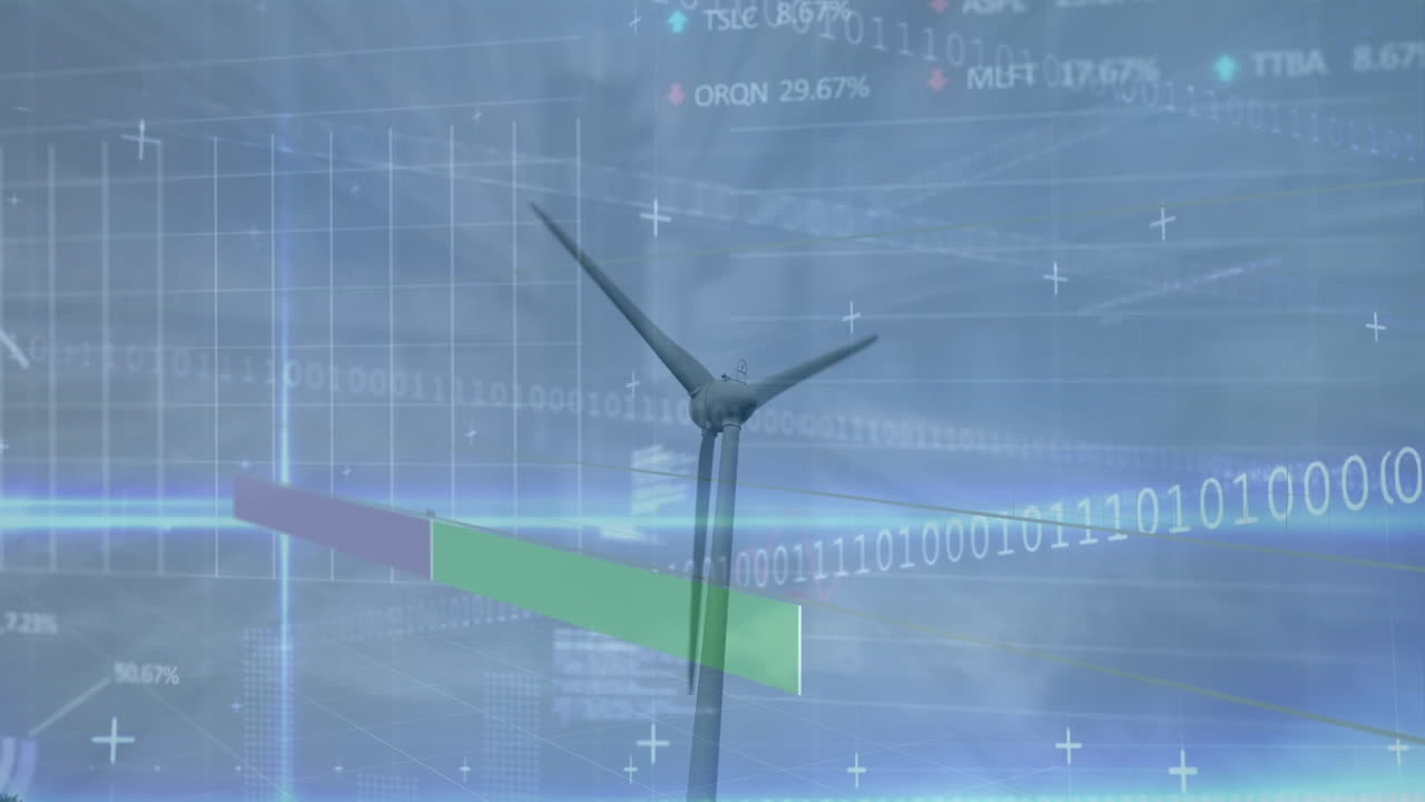 풍력 터빈과 도시 풍경 위에서 금융 데이터 처리의 애니메이션