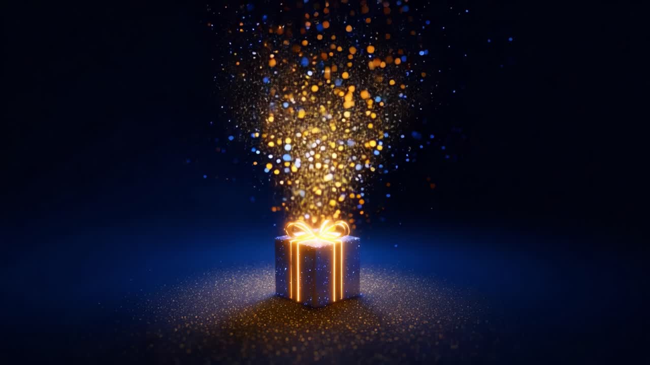 A mesmerizing gift box radiates joy as it releases a shower of sparkling particles, creating an enchanting atmosphere filled with vibrant colors and magical allure