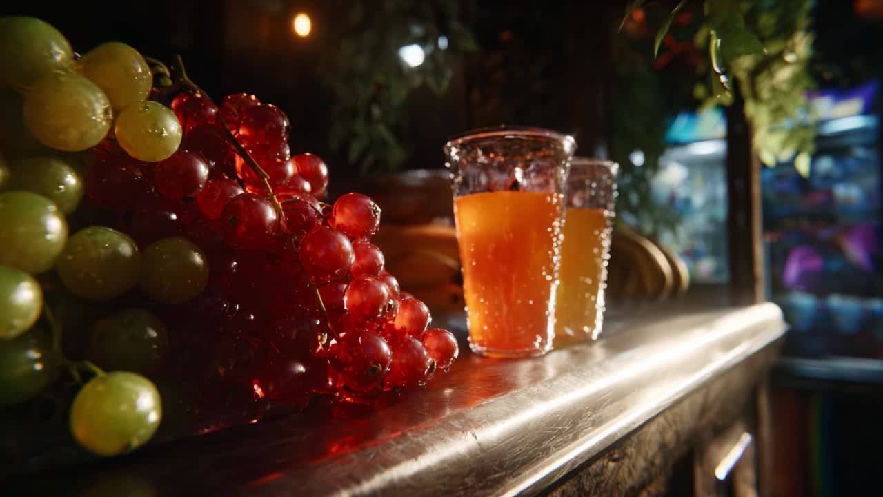 A Captivating Display of Fresh Fruits and Refreshing Beverages Featuring Glistening Red Grapes and Sparkling Juices at a Cozy Bar Setting with Warm Lighting