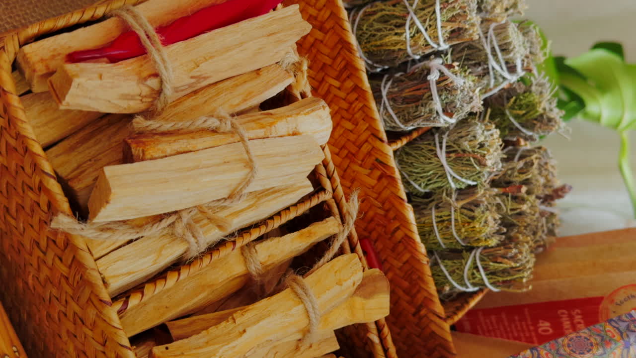 야외 시장 에서 쌓인 팔로 산토 막대기 와 향기 막대기